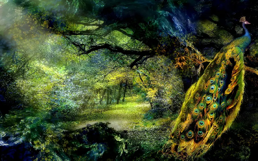 منظره هنری و رویایی از پرنده بهشتی طاووس روی شاخه درخت