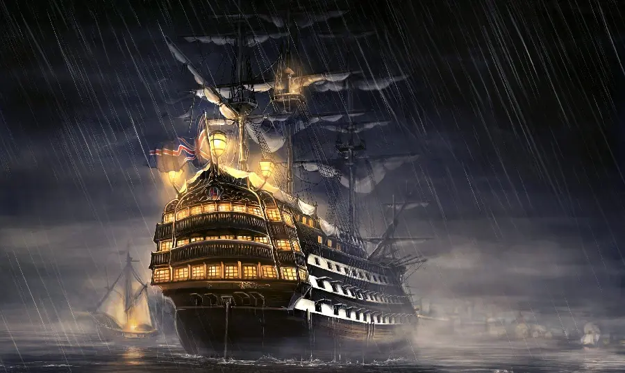 نقاشی شاهکار کشتی بزرگ چوبی در شب دریا برای instagram