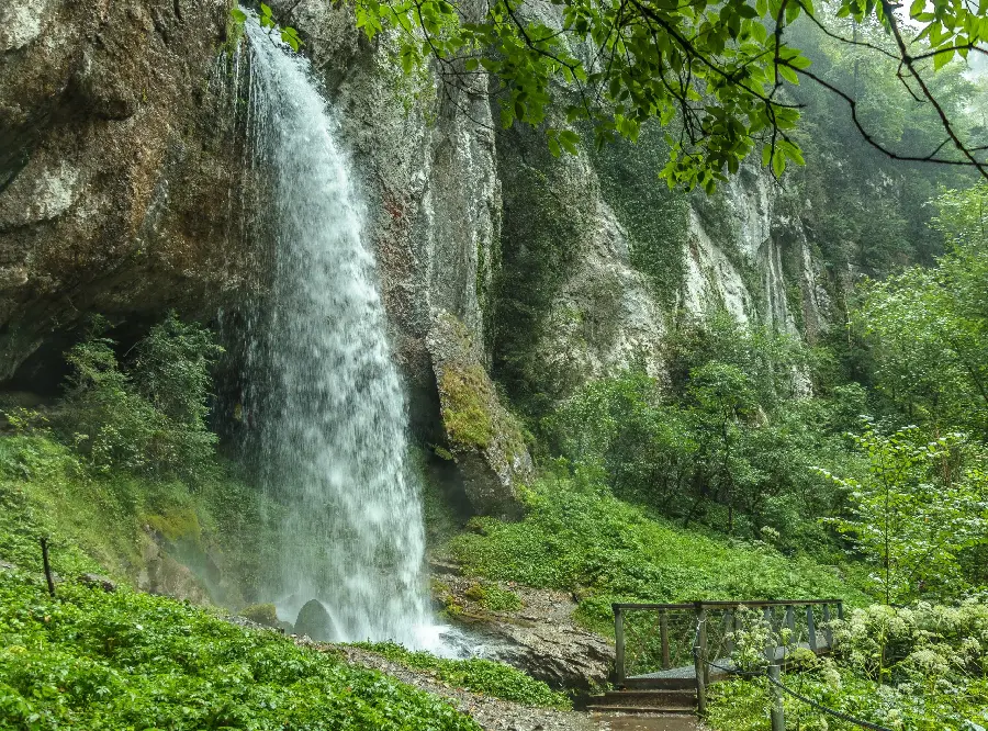 تصویر جذاب از آبشار بلند در جنگل سر سبز و زیبا 