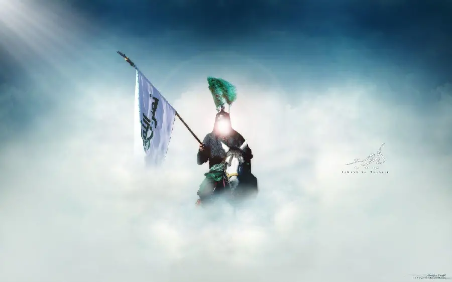 تصویر زمینه محرم امام حسین سوار بر اسب سفید در میان ابرها