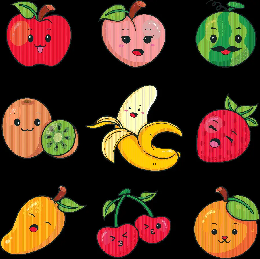 عکس موز png و میوه های تابستانی با چهره های کیوت کارتونی