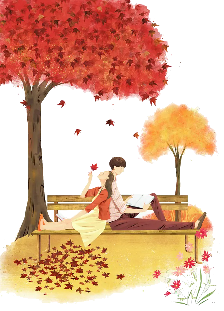 عکس Png نقاشی زوج عاشق روی نیمکت زیر درخت با برگ های قرمز 