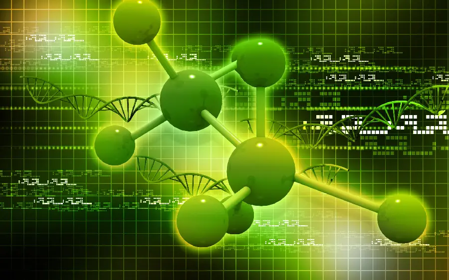 بکگراند سه بعدی مولکولی رشته شیمی همراه نماد شرکت اپل برای محتوای سایت 