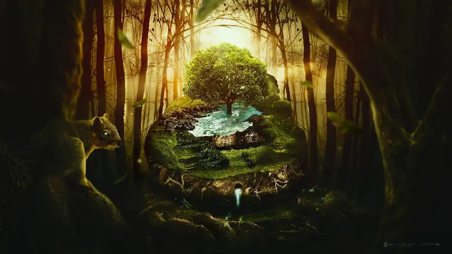 تصویر جذاب درخت زندگی واقع در چشمه ی حیات در جنگل مرموز