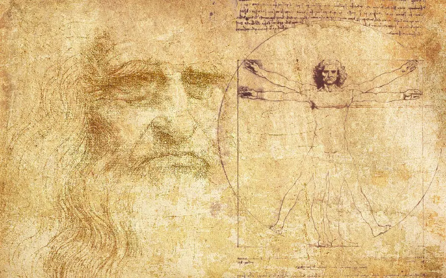 دانلود عکس نقاشی مرد ویترویوسی و خودنگاره یکجا کنار هم از لئوناردو داوینچی