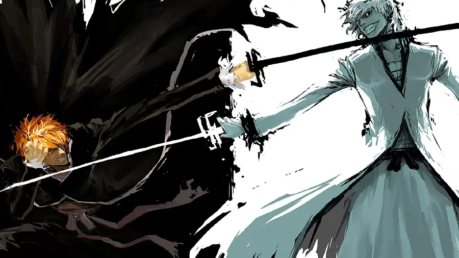 تصویر استوک سیاه و سفید نبرد با شمشیر انیمه ای با کنتراست بالا