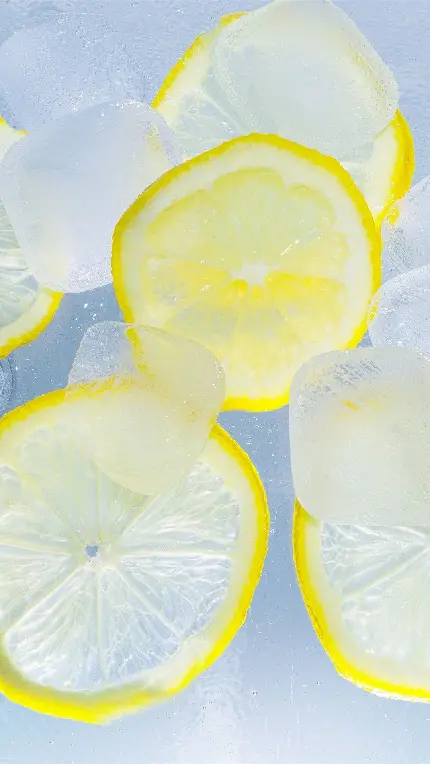 عکس استوک از لیمو های زرد رنگ ترش با یخ های مکعبی 
