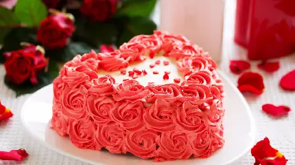 دانلود عکس کیک قلبی با تزئینات خامه ای به شکل گل رز زیبا