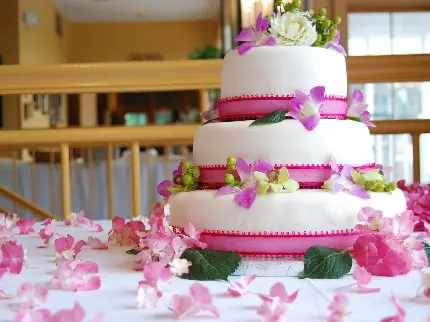 عکس مدل کیک عروسی تزئین شده با روبان و گل با کیفیت بالا