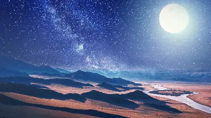 خوشگل ترین و رویایی ترین تصویر زمینه شب کویر با ماه کامل نورانی