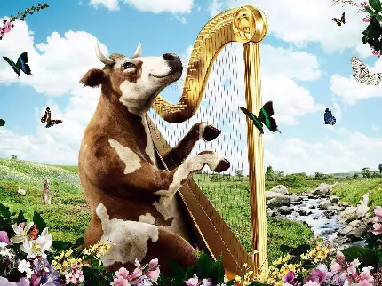 تصویر فانتزی ادیت شده گاو بامزه در حال نواختن چنگ در چمنزار