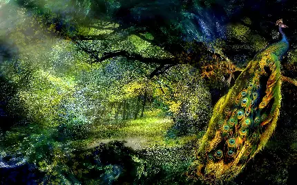 منظره هنری و رویایی از پرنده بهشتی طاووس روی شاخه درخت