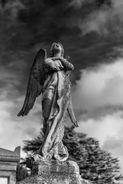 جدیدترین تصویر بدون فتوشاپ مجسمه فرشته در هوای ابری سیاه سفید 