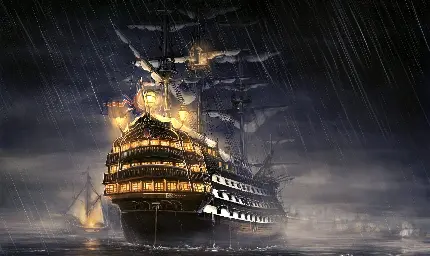 نقاشی شاهکار کشتی بزرگ چوبی در شب دریا برای instagram