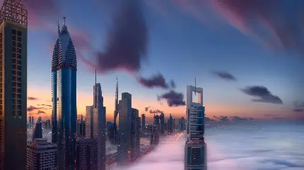 عکس پس زمینه از دبی و برج های آسمان خراش بر اوج ابر ها