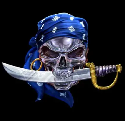 تصویر خشن جمجمه دزد دریایی شمشیر به دندان گرفته با سربند آبی