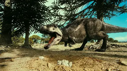 تصویر دایناسور گوشتخوار وحشتناک با دست های کوچک و دم بلند