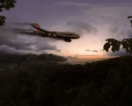 عکس لحظه درحال سقوط هواپیما مسافربری در لحظه غروب آفتاب