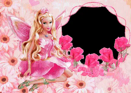 عکس فانتزی و مینیمال از عروسک باربی در کنار گل های صورتی 