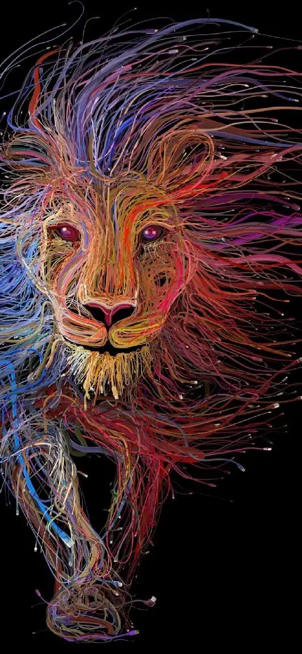 جدیدترین و خاصترین عکس شیر جنگل با خطوط گره خورده رنگی برای زمینه گوشی آیفون