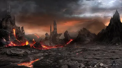 تصویر هنری واقعی ابرهای تیره و سنگ های مذاب اطراف آتشفشان