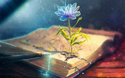 والپیپر اثر هنری گل جادویی و کتاب قدیمی با کیفیت HD