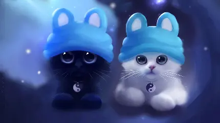 تصویر زمینه کیوت گربه های گوگولی نقاشی با نماد یین و یانگ