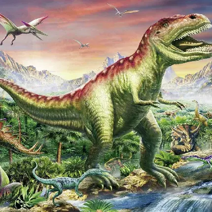نقاشی باکیفیت دایناسور گوشتخوار خطرناک به رنگ سبز و قهوه‌ای