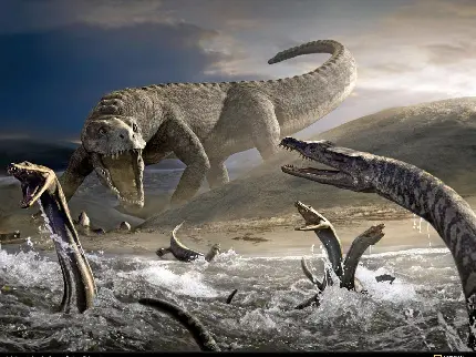 تصویر حمله دایناسور گوشتخوار وحشی به دایناسورهای گردن دراز 