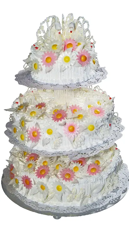 والپیپر کیک چند طبقه عروسی با تزئینات گل بابونه مصنوعی 