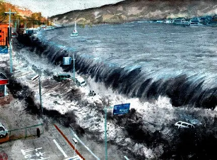 عکس استوک از لحظه رسیدن امواج سونامی در فاصله زمانی کوتاه به ساحل و ویرانی شهر