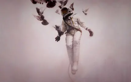 عکس مینیمال و هنری از فضانورد همراه پرندگان در حال پرواز