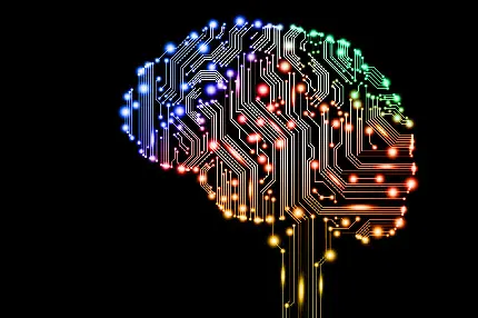 تصویر زمینه رنگارنگ درخشان مغز هوش مصنوعی AI با زمینه سیاه