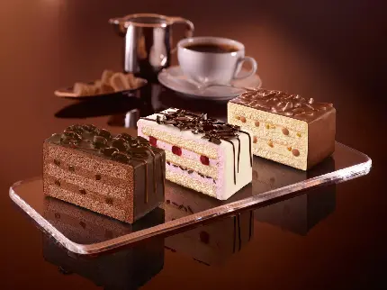 چاپ پوستر بک گراند جالب از سه نوع برش کیک با طعم های مختلف 