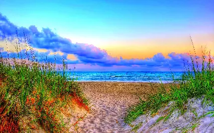 تصویر ساحل زیبای دریا در تابستان با تلفیق رنگ به شدت خوشگل آب و ابر و خاک