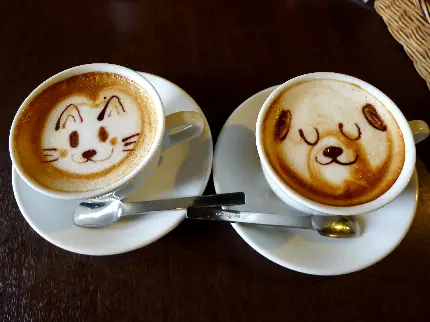 عکس قهوه دونفره طرح سگ و گربه در کافه دوستانه و صمیمی