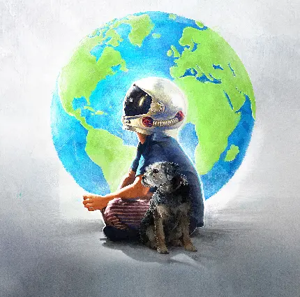 عکس دختر بچه با کلاه فضانوردی با زمینه کره زمین در کنار سگ کوچک