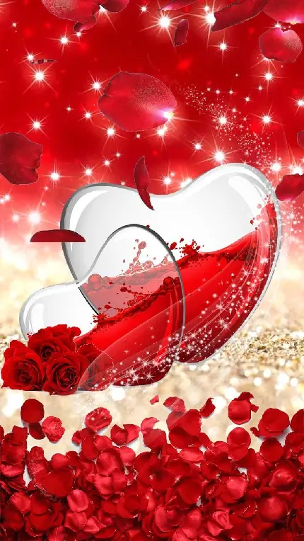 تصویر زمینه عاشقانه دو قلب شیشه ای با گل های قرمز برای موبایل 