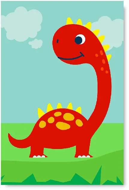 نقاشی ساده و کارتونی زیبای بچه دایناسور قرمز رنگ برای بچه ها