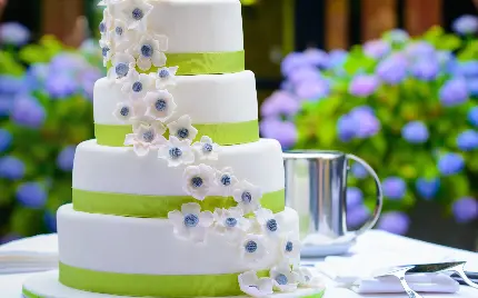 کیک جشن نامزدی و عروسی و ازدواج با روبان های سبز و گل تزئینی
