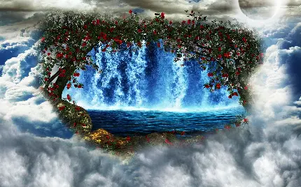 عکس هنری آبشار بهشتی سماوی بین آسمان و زمین برای چاپ کتاب