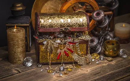 عکس فانتزی صندوقچه گنج دزدان دریایی با جواهرات و الماس به سبک ماجراجویی باستانی