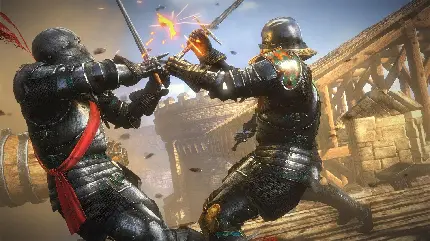 دریافت تصویر جنگجوهای بازی کامپیوتری در حال مبارزه با شمشیر