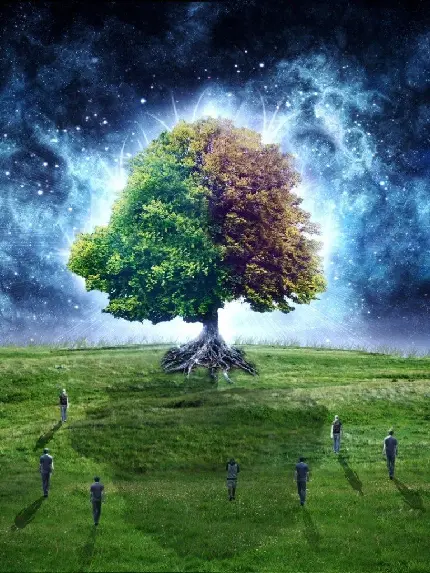 تصویر پروفایل درخت زندگی دو رنگ در میان انسان ها با آسمانی درخشان