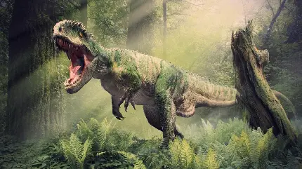 خفن ترین تصویر زمینه دایناسور زیر نور آفتاب وسط جنگل سبز