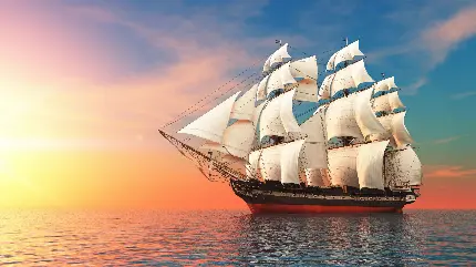 عکس زمینه کشتی بادبانی بزرگ و رویایی زیر آسمان هزار رنگ غروب