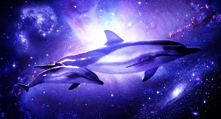 تصویر دیجیتالی و فانتزی از دلفین های زیبا با زمینه کهکشانی
