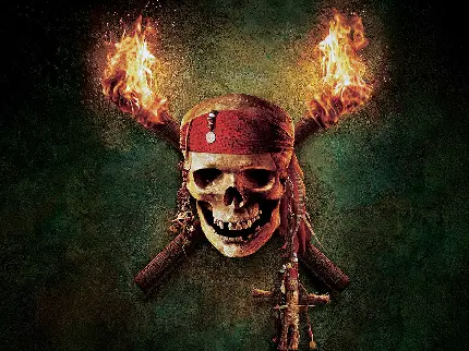 عکس جمجمه دزدان دریایی با دو مشعل روشن آتش روی دیوار قدیمی