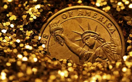 عکس زمینه تک سکه طلایی با طرح مجسمه ی آزادی آمریکا 