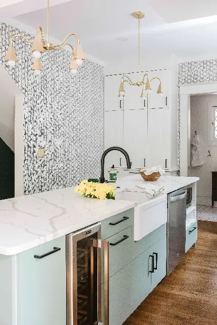  بک گراند زیبا از آشپزخانه کابینت های سبز پسته ای با دکوراسیون زیبا